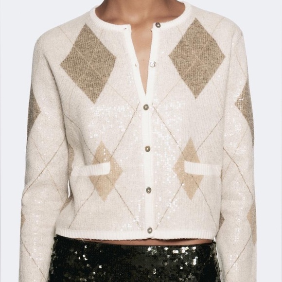 NWT ZARA ARGYLE SEQUIN KNIT CARDIGAN - Picture 1 of 10